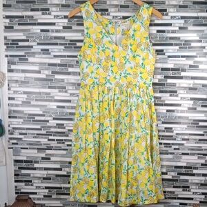 Everly Yellow Lemons & Floral Midi Dress Pleated V Neck Sleeveless Small Linen